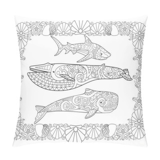Personality  Sperm Whale, Blue Whale And Shark In A Frame From Shells - Horizontal Vector Page Coloring Antistress. Vector Coloring Book With Sea Inhabitants. Shark, Whale And Sperm Whale. Outline. Pillow Covers