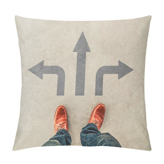 Personality  A Man In Brown Leather Shoes Standing At The Crossroad Making Decision Which Way To Go, Three Ways To Choose. Hope And Success Concept. Pillow Covers