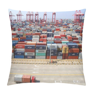 Personality  A Container Truck Passes By Piles Of Containers At A Terminal Of Yangshan Deep-water Port In Shanghai, China, 10 September 2013 Pillow Covers