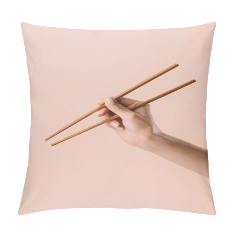 Personality  Cropped Shot Of Woman Holding Chopsticks Isolated On Beige Pillow Covers