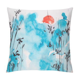 Personality  Japanese Painting With Blue Sky, Sun And Branches On White Background Pillow Covers