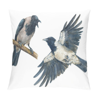 Personality  Set Of Colorful Bird - Angry Crow And Flying Crow. Watercolor Hand Drawn Illustrations Isolated On White Background. Pillow Covers