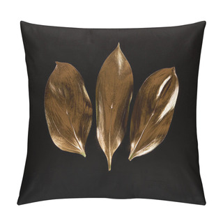 Personality  Top View Of Three Golden Metal Decorative Leaves Isolated On Black Pillow Covers