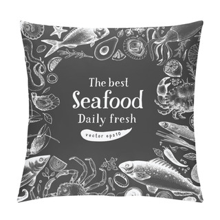 Personality  Hand Drawn Seafood Design Template. Vector Crabsfishes And Oystrers Illustrations On Chalk Board. Retro Marine Background Pillow Covers