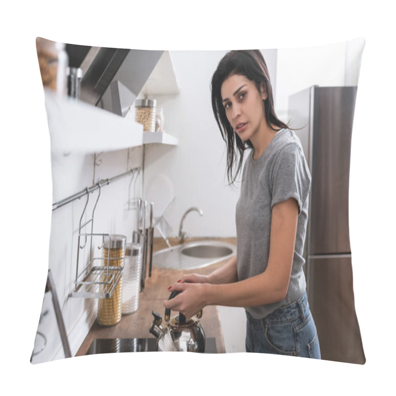 Personality  Selective Focus Of Woman With Bruise On Face Touching Teapot On Electric Stove In Kitchen, Domestic Violence Concept  Pillow Covers