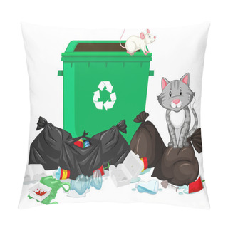 Personality  Scene With Cat And Rat At The Trashcan Illustration Pillow Covers