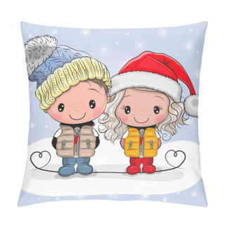 Personality  Cute Winter Illustration Cute Boy And Girl In Hats And Coats Pillow Covers