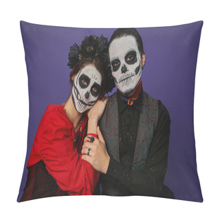 Personality  Woman In Catrina Makeup And Black Wreath Leaning On Shoulder Of Man And Looking At Camera On Blue Pillow Covers