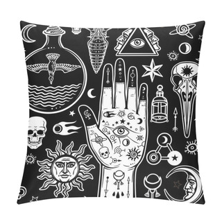 Personality  Seamless Color Pattern: Human Hands In Tattoos, Alchemical Symbols. Esoteric, Mysticism, Occultism.  White Drawing On A Black Background. Vector Illustration. Pillow Covers