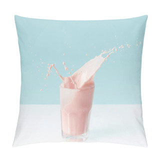Personality  Splashing Drops Of Strawberry Milkshake From Glass On Blue Background  Pillow Covers
