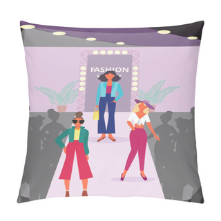 Personality  Fashion Show Poster With Cartoon Model Women Walking On Catwalk Podium Pillow Covers