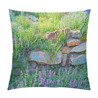 Personality  Rockery Garden Closeup. Rocks Covered By Small Violet Flowers. Gardening Theme. Pillow Covers