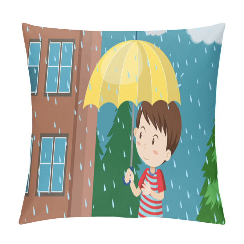 Personality  Young Boy With Umbrella Walking In Rain Illustration Pillow Covers