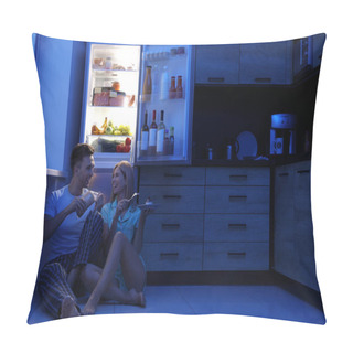 Personality  Happy Couple Eating Near Refrigerator In Kitchen At Night Pillow Covers