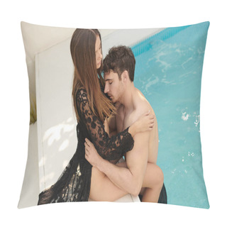 Personality  Sexy Couple, Sensual Woman In Black Swimsuit And Beach Wear Hugging With Shirtless Man In Pool Pillow Covers
