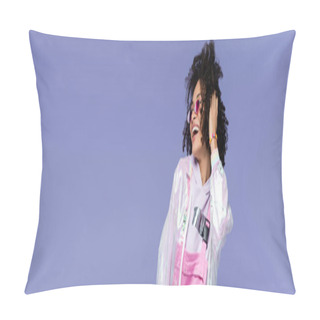 Personality  Happy African American Woman In Stylish Sunglasses Adjusting Hair While Posing Isolated On Purple, Banner Pillow Covers