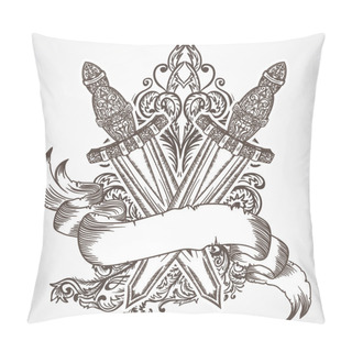 Personality  Medieval Sword With Ribbon Banner And Floral Ornament . Vintage Floral Highly Detailed Hand Drawn Illustration. Isolated Elements. Victorian Motif. Tattoo Design Pillow Covers