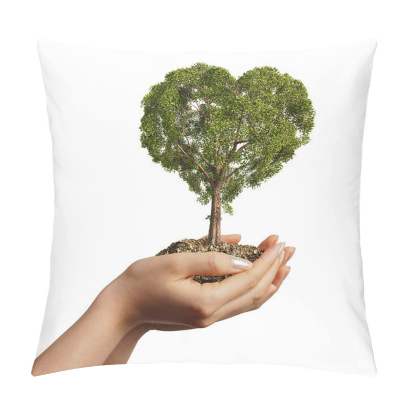 Personality  Woman's hands holding soil with a tree heart shaped. pillow covers