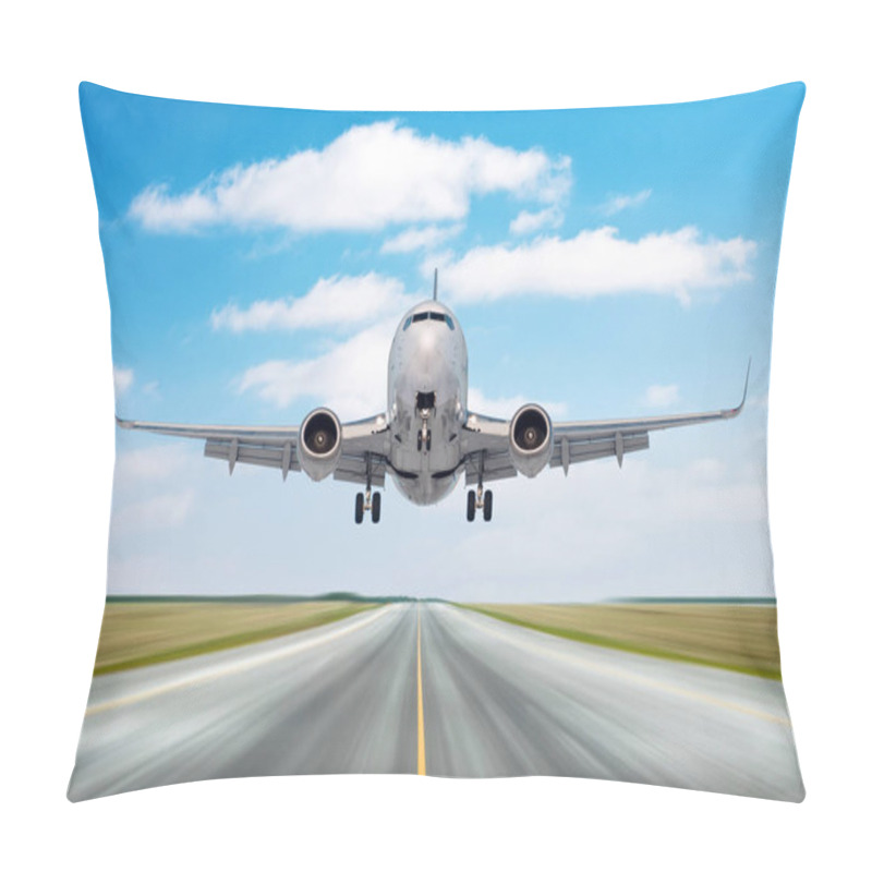 Personality  Airplane aircraft flying departure after a long flight, landing speed motion on a runway in the good weather with cumulus clouds sky day. pillow covers