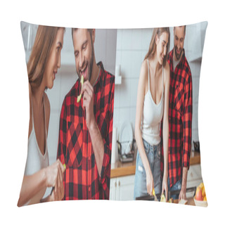 Personality  Collage Of Happy Young Couple Preparing Breakfast With Fresh Fruits, Horizontal Image Pillow Covers