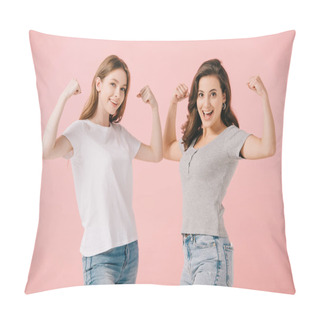Personality  Attractive And Smiling Women In T-shirts Showing Muscles And Looking At Camera Isolated On Pink Pillow Covers