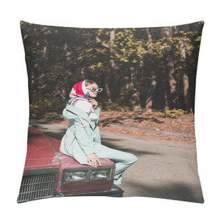 Personality  Side View Of Fashionable Woman In Sunglasses Sitting On Car Bumper During Road Trip  Pillow Covers