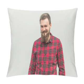 Personality  Flirt And Wink. Carefree Bearded Man Winked At Camera And Smiling Pillow Covers