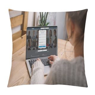 Personality  Cropped Image Of Girl Sitting With Laptop With Loaded Linkedin Page Pillow Covers