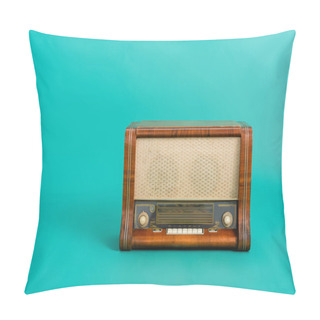 Personality  Vintage Wooden Radio Receiver On Turquoise Background Pillow Covers