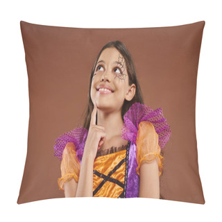 Personality  Dreamy Girl In Colorful Costume With Halloween Makeup Looking Away On Brown Background, Happy Face Pillow Covers
