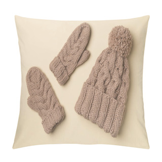 Personality  Brown Winter Hat And Mittens On Color Background. Top View. Pillow Covers