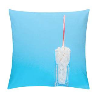 Personality  Glass With Straw And White Sugar Cubes On Blue Background With Copy Space Pillow Covers