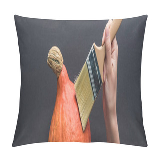 Personality  Panoramic Shot Of Woman Holding Paintbrush On Pumpkin On Black Background Pillow Covers
