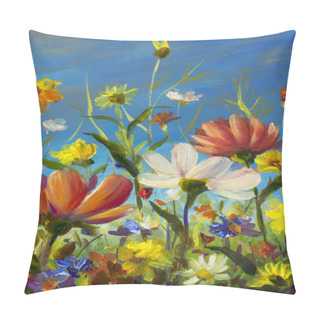 Personality  Summer Flower Field On Blue Sky Background Art. Wildflowers Floral Painting. Multicolored Bright Summer Landscape Flowers Illustration. Pillow Covers