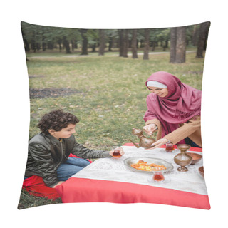 Personality  Smiling Arabian Woman Pouring Tea Near Son And Dried Fruits In Park  Pillow Covers