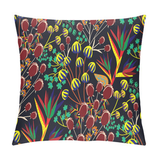 Personality  Bright Vintage Floral Seamless Pattern With Yellow, Burgundy, Red And Blue Flowers, Leaves, Tree Branches On Dark Background. Vector Illustration. Creative Template For Your Design. Pillow Covers