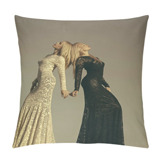 Personality  Two Girls With Long Blond Hair Posing On Grey Sky Pillow Covers