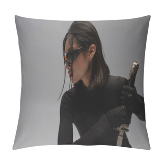Personality  Side View Of Dangerous Asian Woman In Sunglasses And Black Outfit Holding Katana Isolated On Grey Pillow Covers