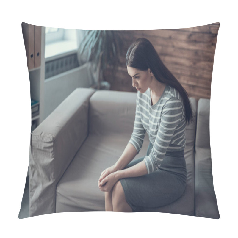 Personality  Side View Of Sad Woman Putting Her Head Down In Cabinet Pillow Covers