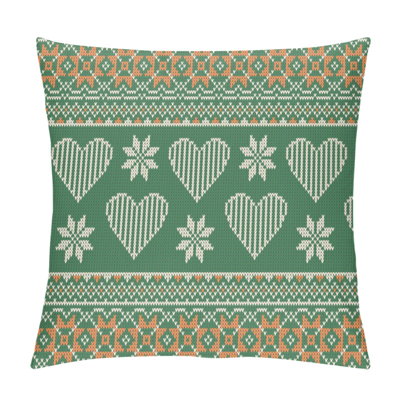 Personality  Seamless pattern on the theme of Valentine's Day with an image of the Norwegian patterns and hearts. Wool knitted texture pillow covers