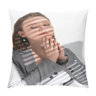 Personality  Thoughtful, Beautiful Overweight Girl With Closed Eyes And Praying Hands On White In Sunlight With Shadows Pillow Covers