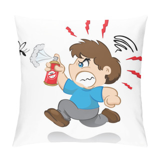 Personality  Illustration Represents A Character Yuyu, Children's Mascot Boy Fighting The Mosquito That Transmits The Dengue Virus Or Zika With Insecticide Spray. Nervous Running After Mosquito Pillow Covers