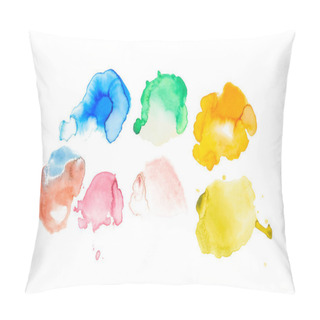 Personality  Abstract Watercolor Yellow, Green, Blue, Coral, Golden And Purple Spills Isolated On White Pillow Covers