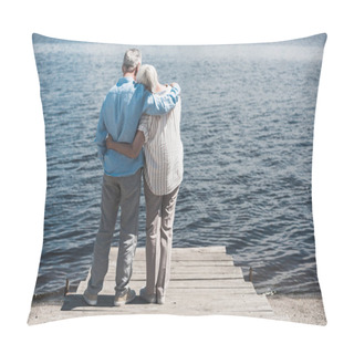 Personality  Senior Couple Embracing While Standing On Riverside Pillow Covers