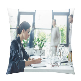 Personality  Side View Of Attractive Businesswoman Writing In Notebook With Pen  Pillow Covers