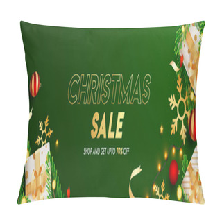Personality  Green Header Or Banner Design Decorated With Gift Boxes, Baubles Pillow Covers