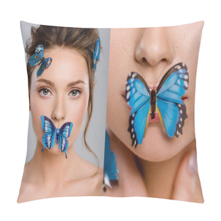 Personality  Collage Of Beautiful Girl With Decorative Butterflies On Mouth And Face Isolated On Grey  Pillow Covers