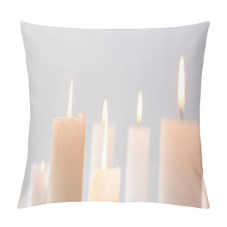 Personality  Selective Focus Of Burning White Candles Glowing Isolated On Grey, Panoramic Shot Pillow Covers