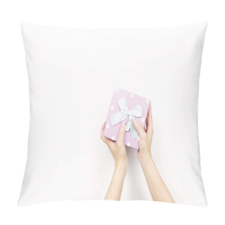Personality  Closeup Beautiful And Healthy Woman Hands With Neat Manicure Are Holding Pink Gift Box With Polka Dotted Pattern Isolated On White Background Pillow Covers