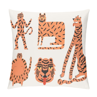 Personality  Vector Set With Cartoon Tigers. Trendy Collection, Apparel Print Design Templates, Logo, Greeting Card, Calendar, Celebration Typography Posters With Cartoon Style Animals Pillow Covers